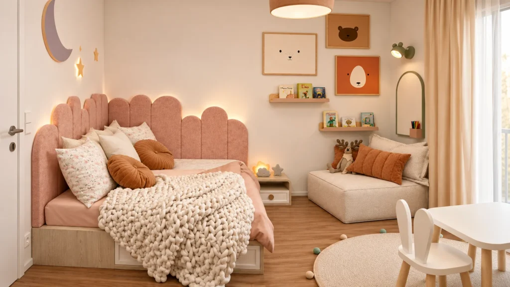 Habitación infantil personalizada con cama, rincón de lectura y mobiliario adaptado