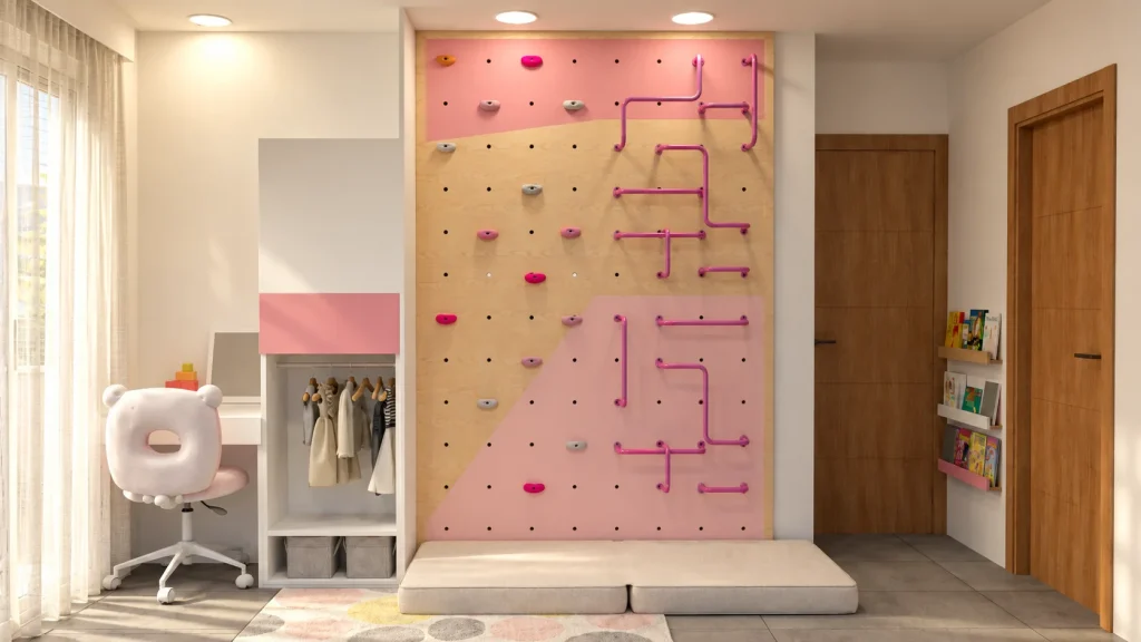 Habitación infantil con rocódromo de madera, zona de juego activo, escritorio y almacenaje infantil