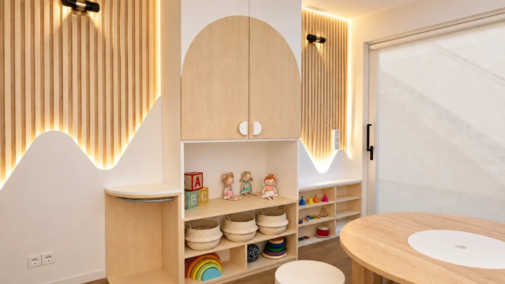 Mueble infantil a medida con estanterías bajas y almacenaje accesible para juguetes en sala de juegos