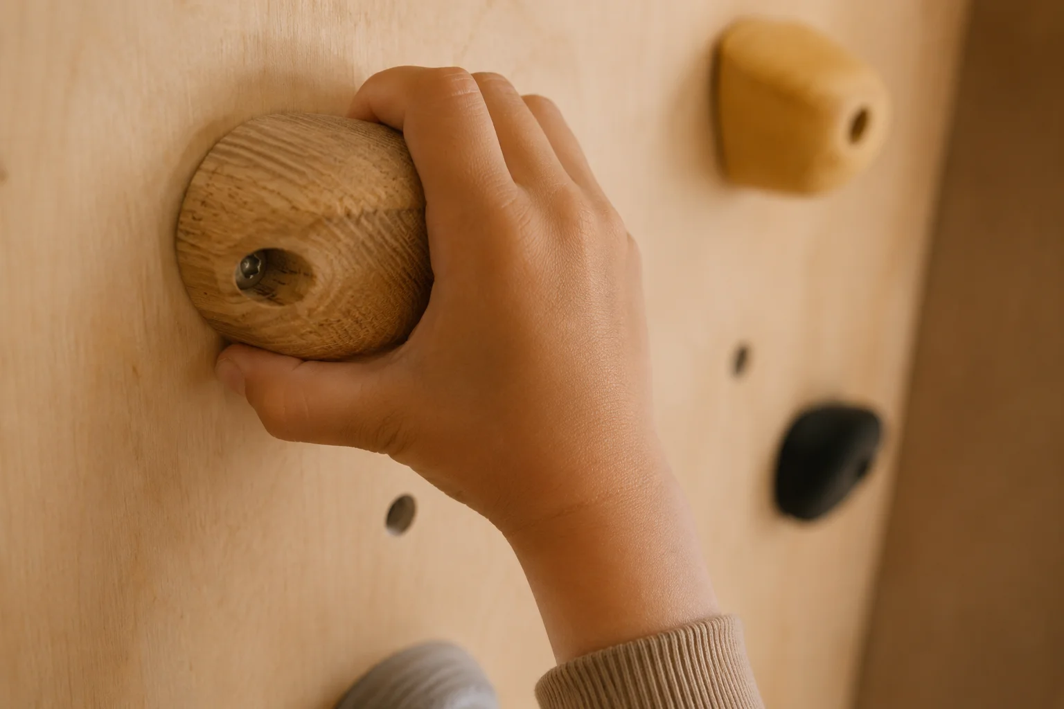 Mano de un niño agarrando una presa de escalada infantil en casa