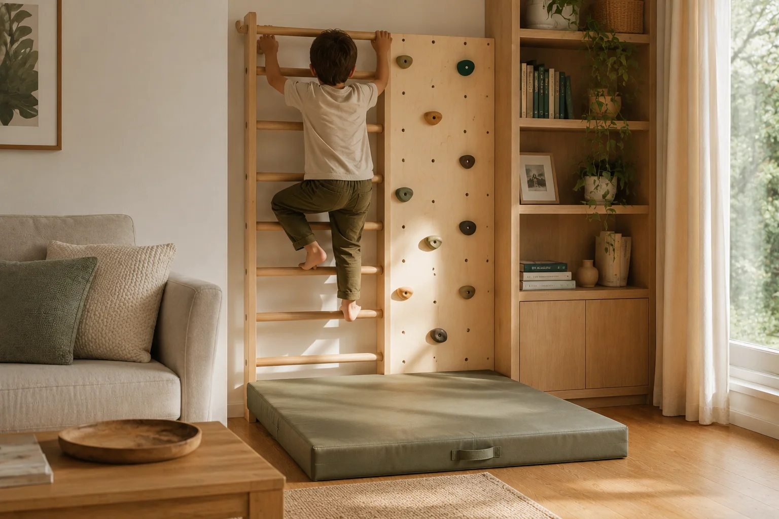 Niño trepando en una estructura de escalada segura en casa