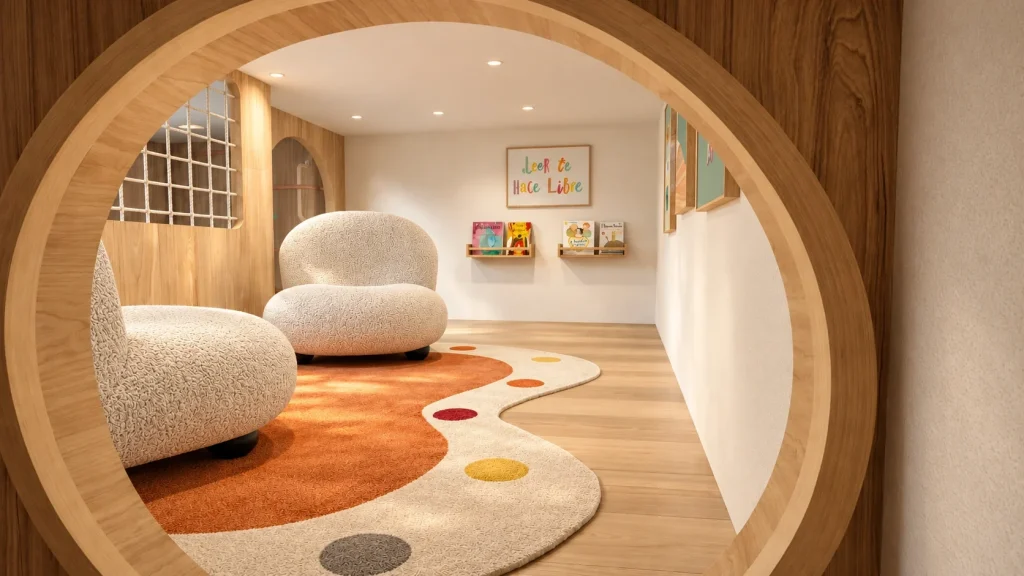 Rincón de lectura infantil con sillones, alfombra y estanterías de cuentos en sala de juegos