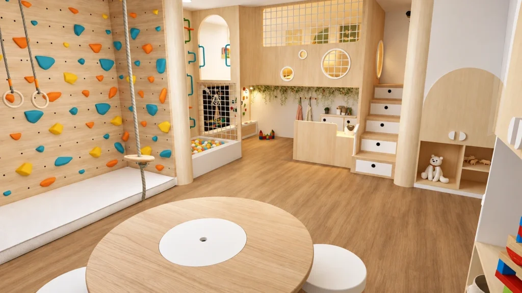 Sala de juegos infantil con rocódromo, anillas, cuerda, piscina de bolas y zona de juego simbólico