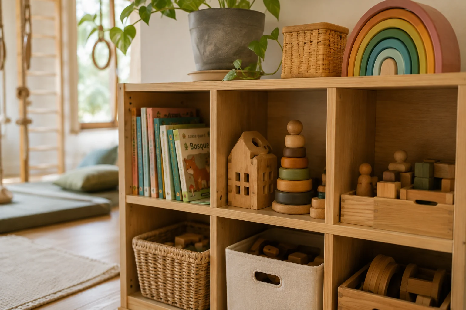Estantería con alternativas de juego a la pantalla en una habitación infantil