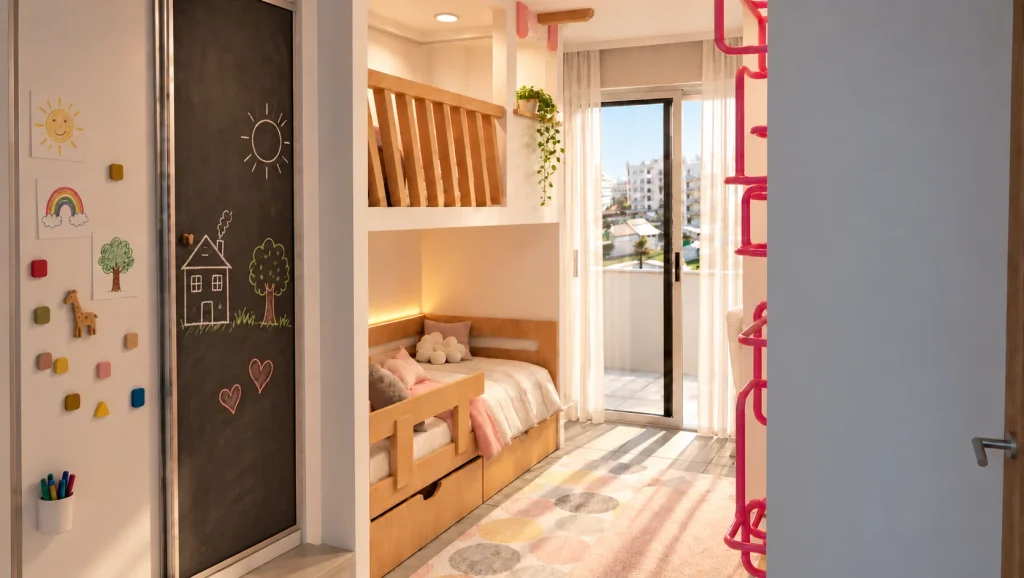 Habitación infantil con cama de madera bajo una zona elevada de juego y descanso