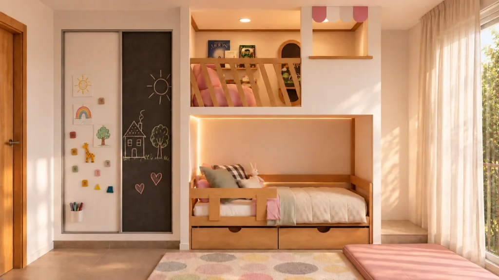 Habitación infantil con cama, almacenaje y zona elevada de lectura y juego