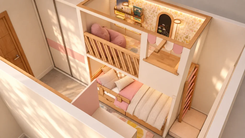 Habitación infantil con cama y zona elevada de juego, lectura y descanso