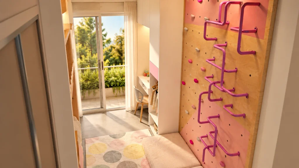 Panel de movimiento infantil con barras y presas de escalada integrado en la habitación